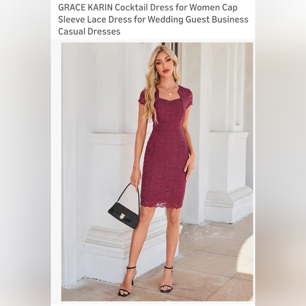 Grace Karin Burgundy Lace Cap-Sleeve Midi Dress. W-33